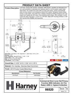 Product Data Specification Sheet Of A Commercial Door Lever Set Privacy Function With Indicator - Power Coated Matte Black Finish - Product Number 86520