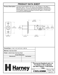 Product Data Specification Sheet Of A Commercial Single Sided Deadbolt Latch, UL Fire Rated, 2 3/8 In. Backset, Use With Vigilant / 77300 Series Only - Satin Stainless Steel Finish - Product Number CSDL60MM