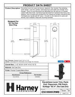 Product Data Specification Sheet Of A Panic Exit Device Classroom / Keyed Function Escutcheon Lever Trim - Powder Coated Matte Black Finish - Product Number ESC5500CRMB
