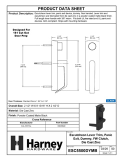 Product Data Specification Sheet Of A Panic Exit Device Dummy / Inactive Function Escutcheon Lever Trim - Powder Coated Matte Black Finish - Product Number ESC5500DYMB