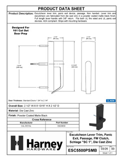 Product Data Specification Sheet Of A Panic Exit Device Passage/ Hallway Function Escutcheon Lever Trim - Powder Coated Matte Black Finish - Product Number ESC5500PSMB