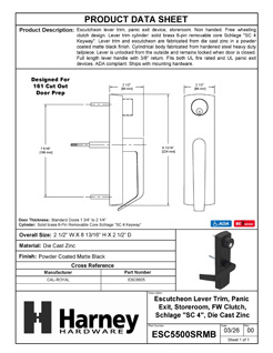 Product Data Specification Sheet Of A Panic Exit Device Storeroom / Keyed Function Escutcheon Lever Trim - Powder Coated Matte Black Finish - Product Number ESC5500SRMB
