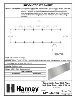 Product Data Specification Sheet Of Commercial Door Kick Plate - Satin Stainless Steel Finish - Product Number KP103432D