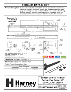 Product Data Specification Sheet Of A Vertical Rod Exit Device, UL Fire Rated, ANSI 1, 32 In. X 84 In. - Powder Coated Matte Black Finish - Product Number PE55003684VFMB