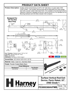 Product Data Specification Sheet Of A Vertical Rod Exit Device, UL Panic Rated, ANSI 1, 32 In. X 84 In. - Powder Coated Matte Black Finish - Product Number PE55003684VPMB