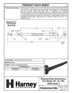 Product Data Specification Sheet Of A Alarmed Panic Exit Device, UL Fire Rated, ANSI 1, 32 In. Wide - Powder Coated Matte Black Finish - Product Number PE550036AFMB