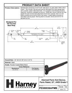 Product Data Specification Sheet Of A Alarmed Panic Exit Device, UL Panic Rated, ANSI 1, 32 In. Wide - Powder Coated Matte Black Finish - Product Number PE550036APMB