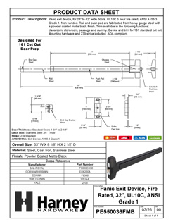 Product Data Specification Sheet Of A Panic Exit Device, UL Fire Rated, ANSI 1, 32 In. Wide - Powder Coated Matte Black Finish - Product Number PE550036FMB