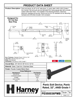 Product Data Specification Sheet Of A Panic Exit Device, UL Panic Rated, ANSI 1, 32 In. Wide - Powder Coated Matte Black Finish - Product Number PE550036PMB