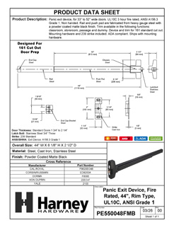 Product Data Specification Sheet Of A Panic Exit Device, UL Fire Rated, ANSI 1, 44 In. Wide - Powder Coated Aluminum Finish - Product Number PE550048FP