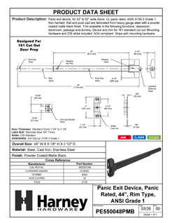 Product Data Specification Sheet Of A Panic Exit Device, UL Panic Rated, ANSI 1, 44 In. Wide - Powder Coated Matte Black Finish - Product Number PE550048PMB