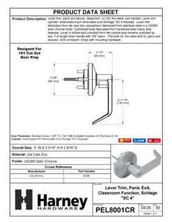 Product Data Specification Sheet Of A Panic Exit Device Classroom / Keyed Function Lever Trim - Satin Chrome Finish - Product Number PEL8001CR