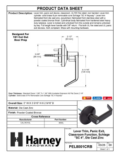 Product Data Specification Sheet Of A Panic Exit Device Classroom / Keyed Function Lever Trim - Powder Coated Bronze Finish - Product Number PEL8001CRB