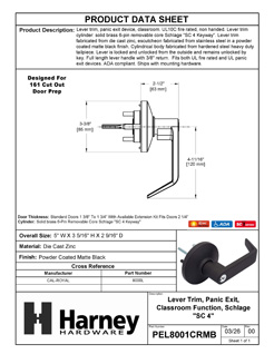 Product Data Specification Sheet Of A Panic Exit Device Classroom / Keyed Function Lever Trim - Powder Coated Matte Black Finish - Product Number PEL8001CRMB