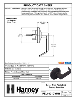 Product Data Specification Sheet Of A Panic Exit Device Dummy / Inactive Function Lever Trim - Powder Coated Matte Black Finish - Product Number PEL8001DYMB