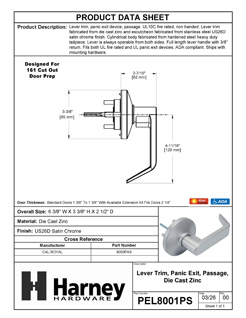 Product Data Specification Sheet Of A Panic Exit Device Passage / Hallway Function Lever Trim - Satin Chrome Finish - Product Number PEL8001PS