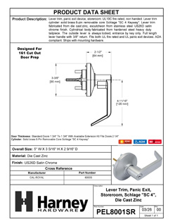 Product Data Specification Sheet Of A Panic Exit Device Storeroom / Keyed Function Lever Trim - Satin Chrome Finish - Product Number PEL8001SR