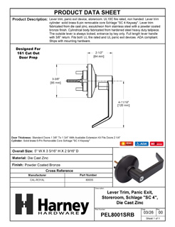 Product Data Specification Sheet Of A Panic Exit Device Storeroom / Keyed Function Lever Trim - Powder Coated Bronze Finish - Product Number PEL8001SRB