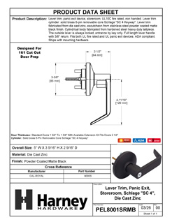 Product Data Specification Sheet Of A Panic Exit Device Storeroom / Keyed Function Lever Trim - Powder Coated Matte Black Finish - Product Number PEL8001SRMB