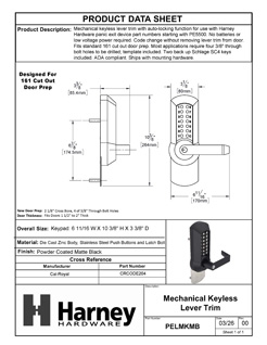 Product Data Specification Sheet Of A Panic Exit Device Storeroom / Keyed Function Mechanical Keyless Lever Trim - Powder Coated Matte Black Finish - Product Number PELMKMB