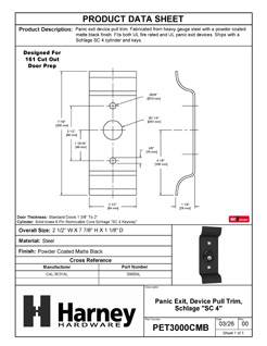 Product Data Specification Sheet Of A Panic Exit Device Trim Pull With SC1 Lock Cylinder - Powder Coated Matte Black Finish - Product Number PET3000CMB