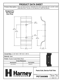 Product Data Specification Sheet Of A Panic Exit Device Trim Pull - Powder Coated Matte Black Finish - Product Number PET3000MB