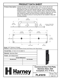 Product Data Specification Sheet Of Commercial Door Pull Plate - Matte Black Finish - Product Number PL41619