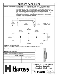 Product Data Specification Sheet Of Commercial Door Pull Plate - Satin Stainless Steel Finish - Product Number PL41632D