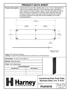 Product Data Specification Sheet Of Commercial Door Push Plate - Matte Black Finish - Product Number PU41619
