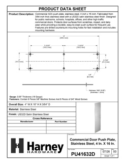 Product Data Specification Sheet Of Commercial Door Push Plate - Satin Stainless Steel Finish - Product Number PU41632D