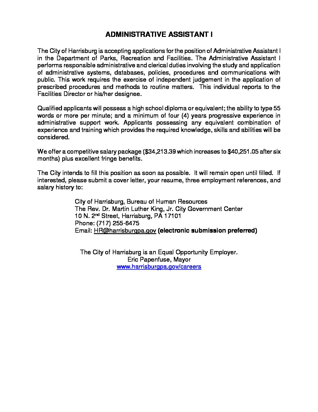 AdministrativeAssistantIFacilities City of Harrisburg