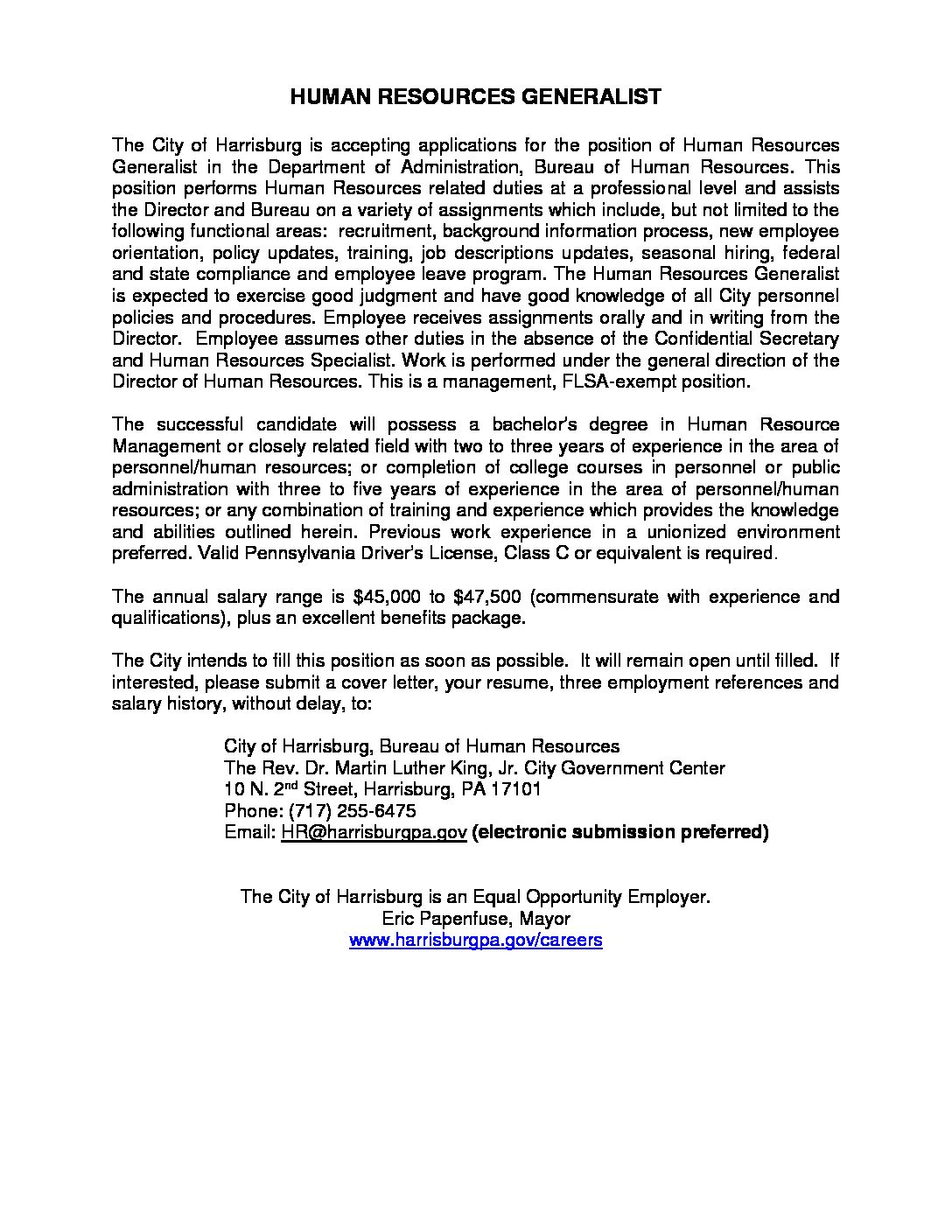 Human Resources Generalist City of Harrisburg