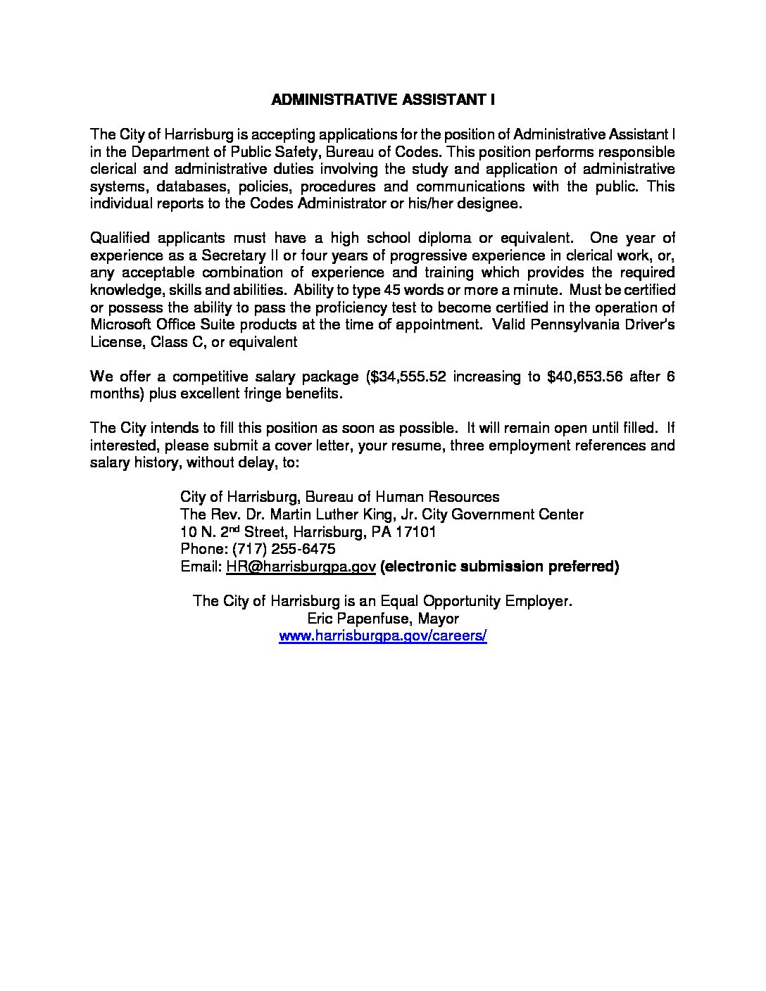 Administrative Assistant I City of Harrisburg