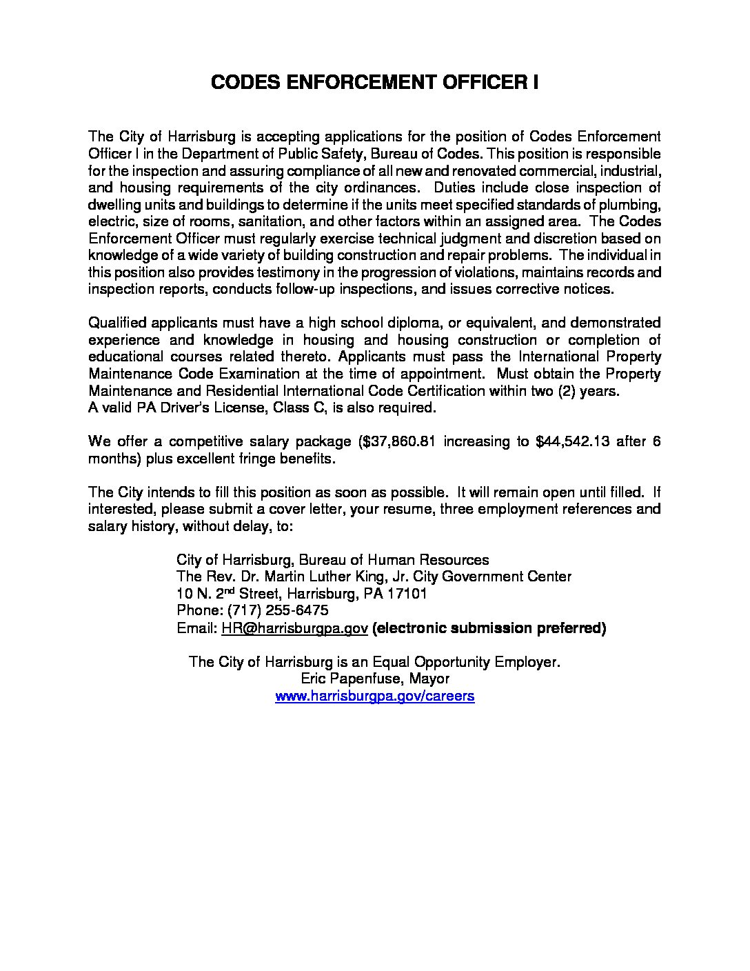 Codes Enforcement Officer I - City of Harrisburg