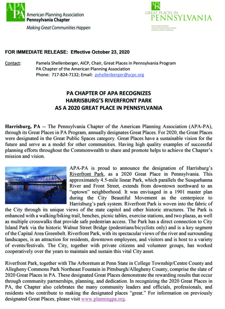 PA CHAPTER OF APA RECOGNIZES HARRISBURG’S RIVERFRONT PARK AS A 2020
