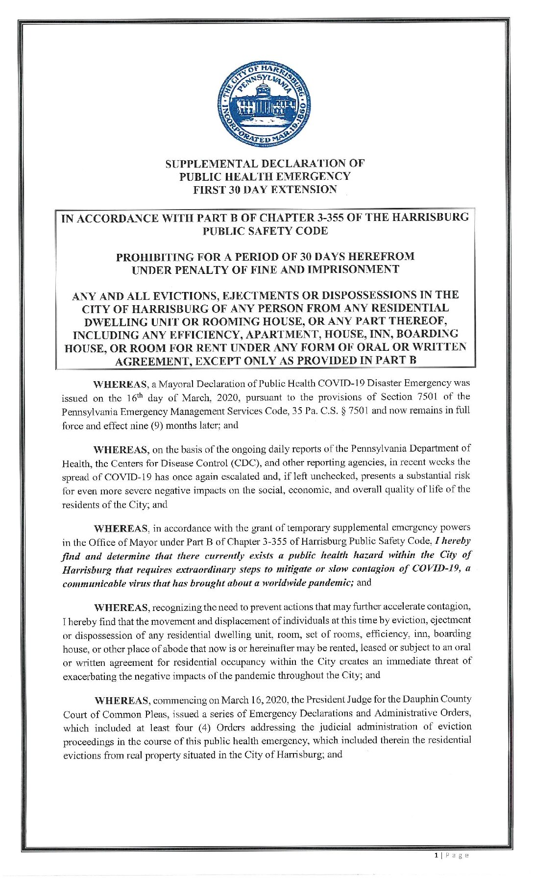 Declaration Extension of Eviction Moratorium 1.16.2021 City of Harrisburg