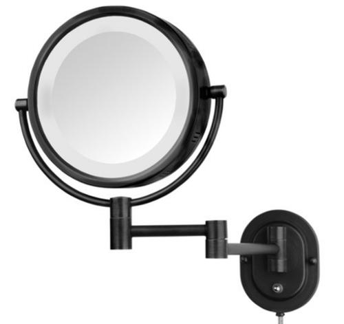 Jerdon Wall Mount Makeup Mirror Lighted, 8" Dia, Black, Plug In
