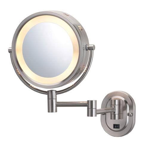 Jerdon Wall Mount Makeup Mirror Lighted, 8" Dia, Nickel, Direct Wire