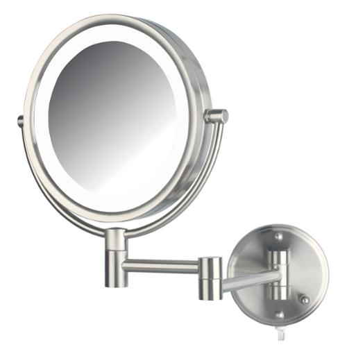 Jerdon Wall Mount Makeup Mirror Lighted, 8.5" Dia, Nickel, Plug In