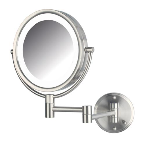 Jerdon Wall Mount Makeup Mirror Lighted, 8.5" Dia, Nickel, Direct Wire