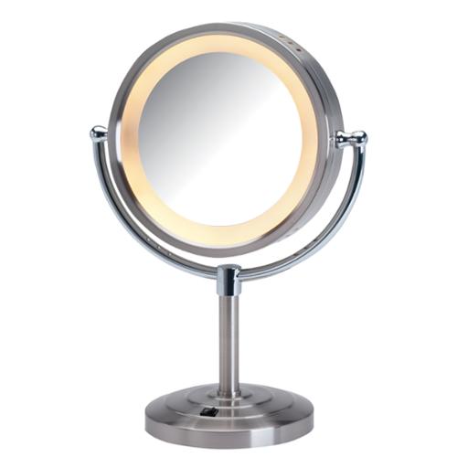 Jerdon Lighted Table Top Makeup Mirror, 8.5" Dia, Nickel, Plug In