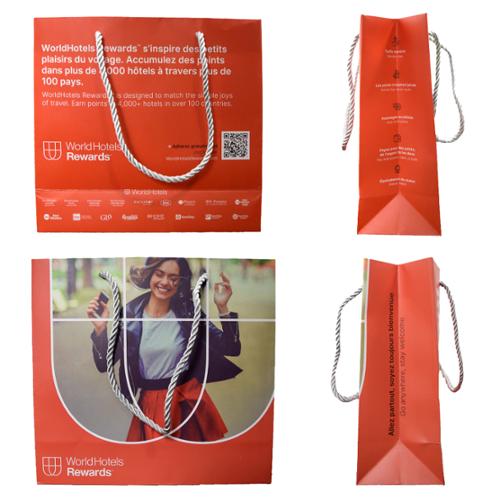 WorldHotels Rewards Paper Bag, Bilingual, 8.5 x 8.3", Red, Case Of 250