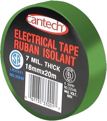 Cantech® 7 Mil PVC Electrical Tape, 18 MM X 20 M, Green, 6 Pk