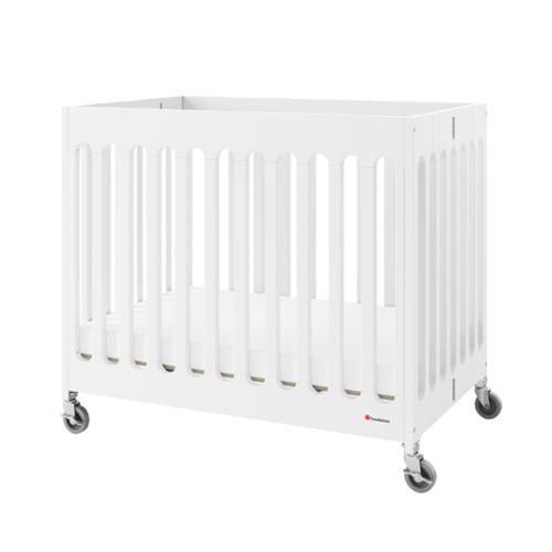 Foundations® Compact Boutique™ Folding Crib, Slatted with Oversized Casters And Foam Mattress, White