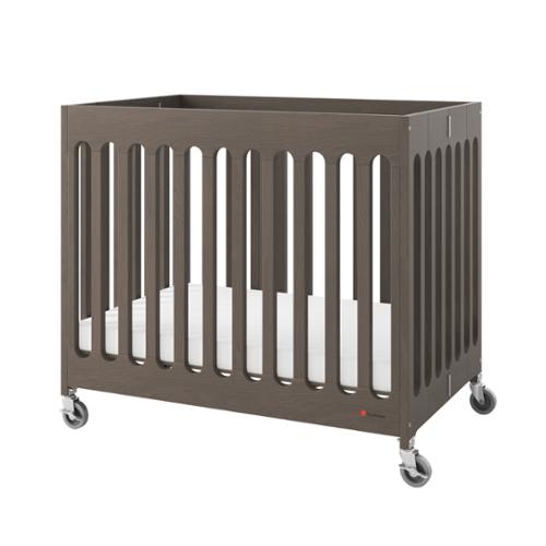 Foundations® Compact Boutique™ Folding Crib, Slatted with Oversized Casters And Foam Mattress, Dark Brown