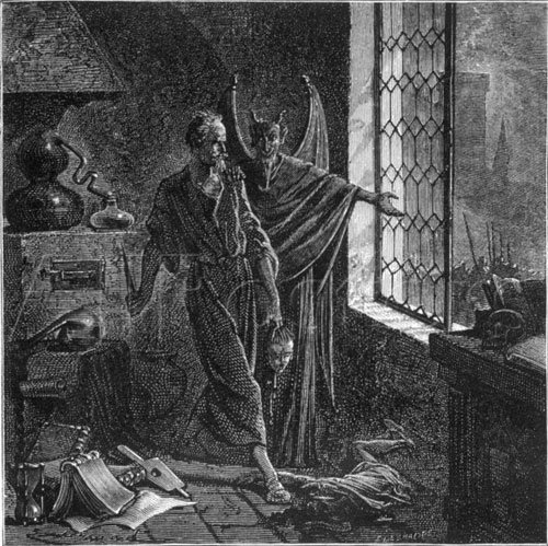 Gilles de Rais summoning devil, summons the devil, Illustration by Emile Bayard, Paul Christian's History of Magic, occult, magic, monster of Brittany, france, serial killer, murderer, historical, Prelati, alchemists, kidnapped a priest - HeadStuff.org