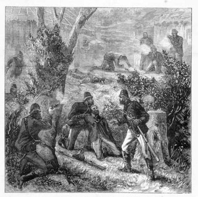 A contemporary newspaper illustration showing the end of the battle at McGlede's Hut, Andrew George Scott, james nesbitt, trial of, australia, new south wales, ned kelly, kelly gang, death of andrew george scott - HeadStuff.org