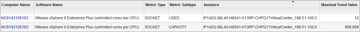 The screen shows the example of the license metric utilization from the Resource Utilization panel.