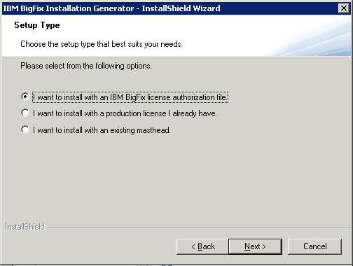 Select the first option: I want to install with a BigFix license authorization file