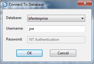 This window displays the Connect to Database dialog where you can select which Database to manage, type your Username and Password.